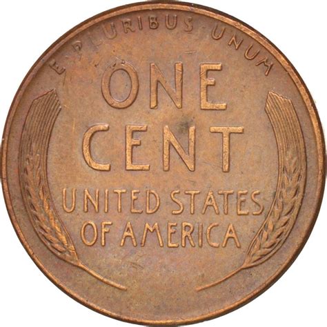 1958 one cent worth - Reverse. Two wheat ears surrounding lettering. On some of the 1909 issues, Brenner's initials appear on the bottom of the reverse side. They were removed that year, thus creating two varieties for each of the two mints in 1909. Script: Latin.